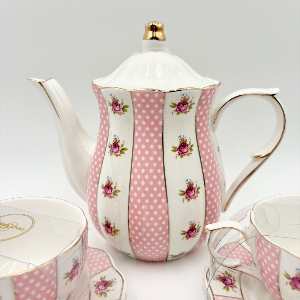 Grace Teaware Pink Polka Dot Rose Floral Porcelain Teapot and 2 Cup Saucer Set - Picture 3 of 11
